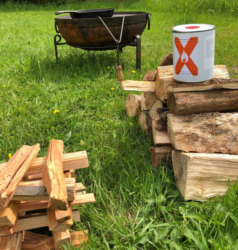 fire pit, seasoned logs, kindling and eco fire lighters